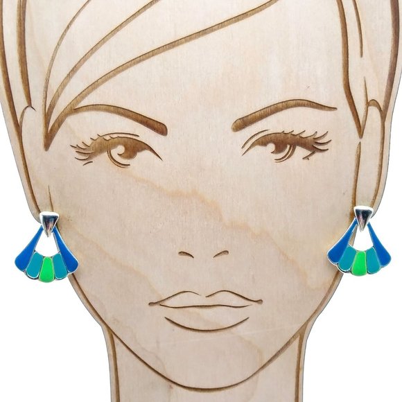Chic Blue and Green Fan Earrings, Vintage Gold Tone with Retro Flair - Picture 1 of 5